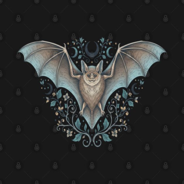 Ornamental Bat Crescent Moon Vintage Night Art by BirdsnStuff