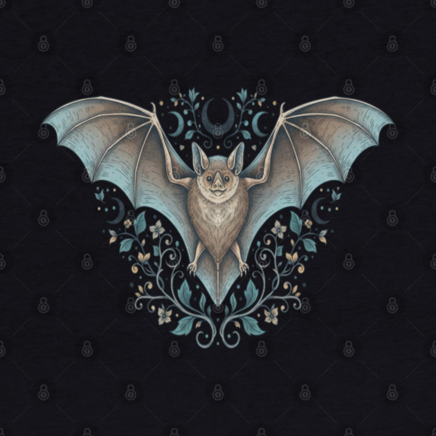 Ornamental Bat Crescent Moon Vintage Night Art by BirdsnStuff