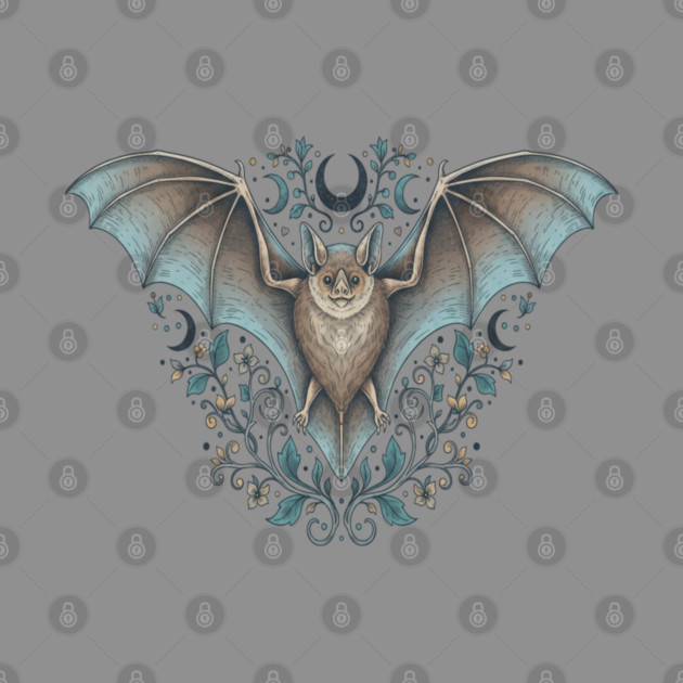Ornamental Bat Crescent Moon Vintage Night Art by BirdsnStuff