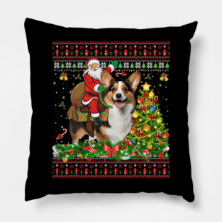 Ugly Christmas Sweater Style Santa Riding Corgi Funny Holiday Design Pillow