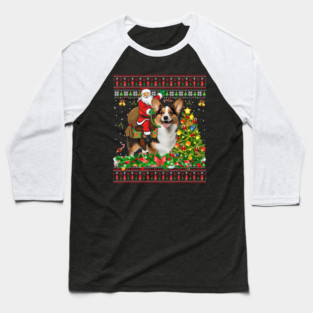 Ugly Christmas Sweater Style Santa Riding Corgi Funny Holiday Design Baseball T-Shirt