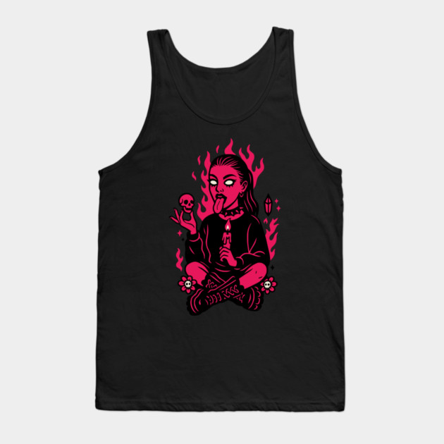 Goth Girl in Pink Flames Occult Vibes Tank Top by Designed By Marty