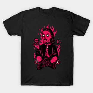 Goth Girl in Pink Flames Occult Vibes T-Shirt