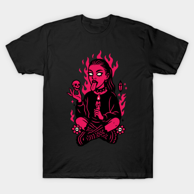 Goth Girl in Pink Flames Occult Vibes T-Shirt by Designed By Marty