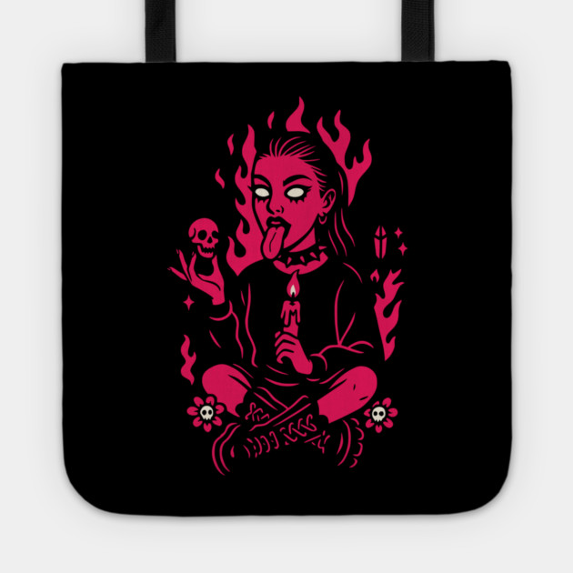 Goth Girl in Pink Flames Occult Vibes Tote by Designed By Marty