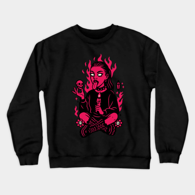Goth Girl in Pink Flames Occult Vibes Crewneck Sweatshirt by Designed By Marty