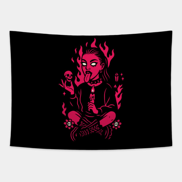Goth Girl in Pink Flames Occult Vibes Tapestry by Designed By Marty