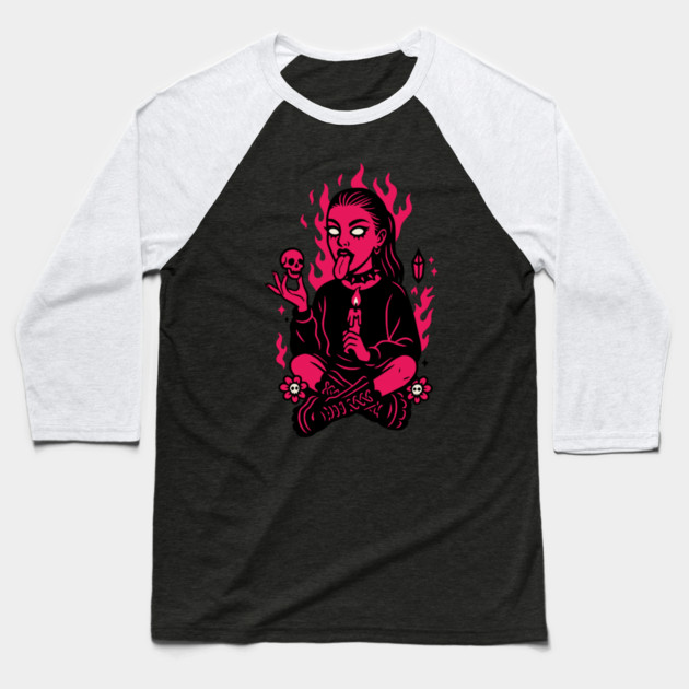 Goth Girl in Pink Flames Occult Vibes Baseball T-Shirt by Designed By Marty