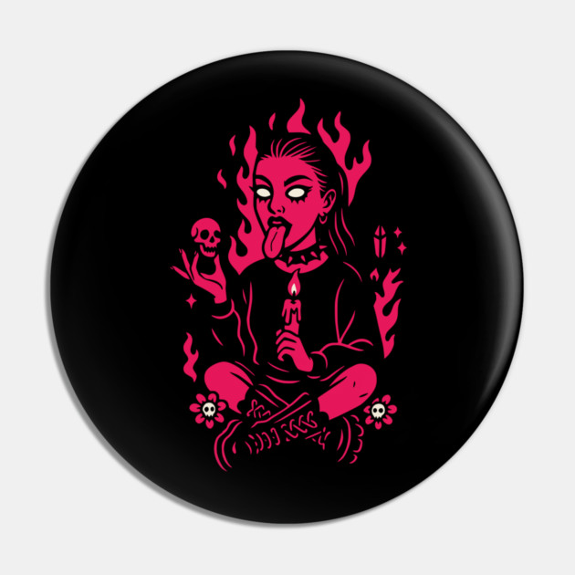 Goth Girl in Pink Flames Occult Vibes Pin by Designed By Marty