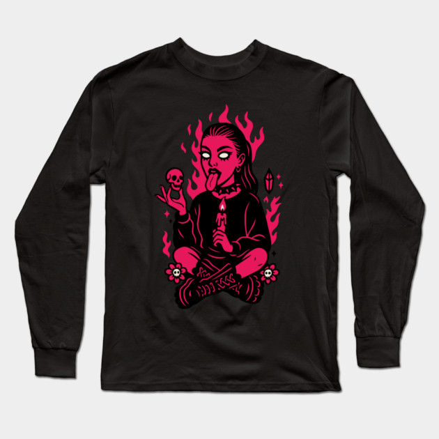 Goth Girl in Pink Flames Occult Vibes Long Sleeve T-Shirt by Designed By Marty
