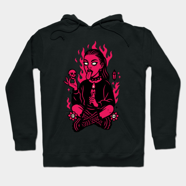 Goth Girl in Pink Flames Occult Vibes Hoodie by Designed By Marty