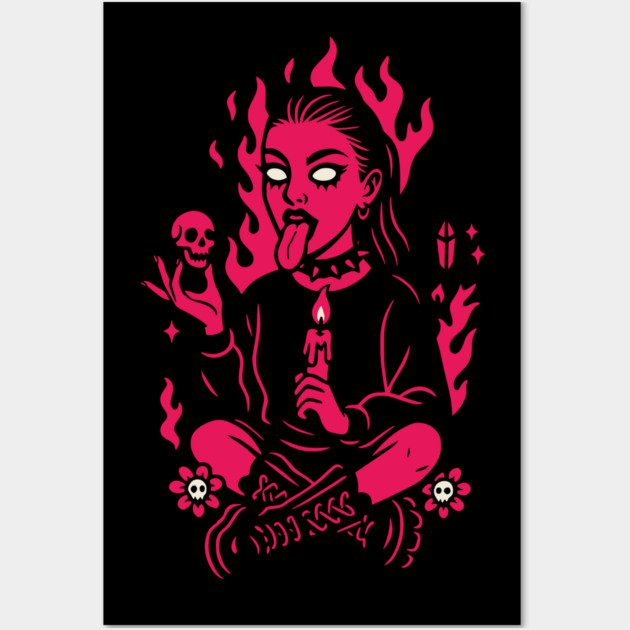Goth Girl in Pink Flames Occult Vibes Wall Art by Designed By Marty