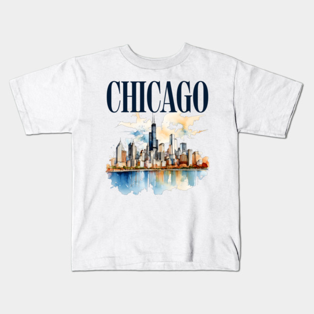 Windy City Watercolor Skyline CHICAGO Kids T-Shirt by Designed By Marty