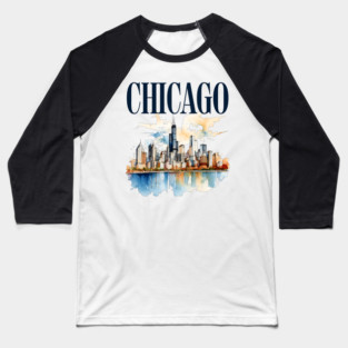 Windy City Watercolor Skyline CHICAGO Baseball T-Shirt