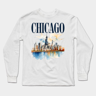 Windy City Watercolor Skyline CHICAGO Long Sleeve T-Shirt