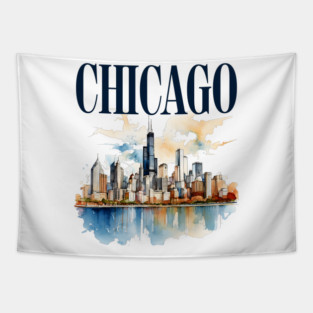 Windy City Watercolor Skyline CHICAGO Tapestry