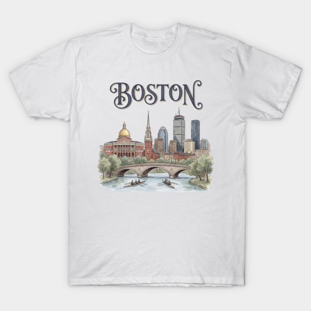 Boston Rowing on the Charles Skyline T-Shirt by Designed By Marty