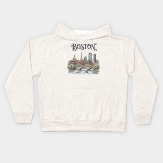 Boston Rowing on the Charles Skyline Kids Hoodie by Designed By Marty