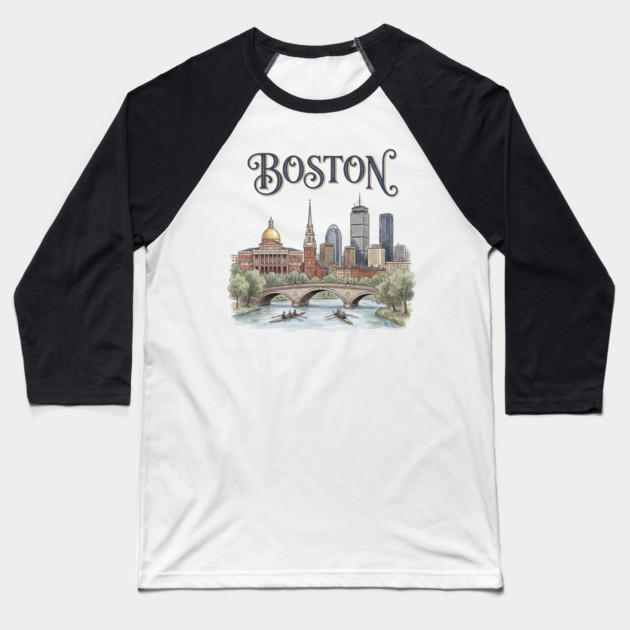 Boston Rowing on the Charles Skyline Baseball T-Shirt by Designed By Marty