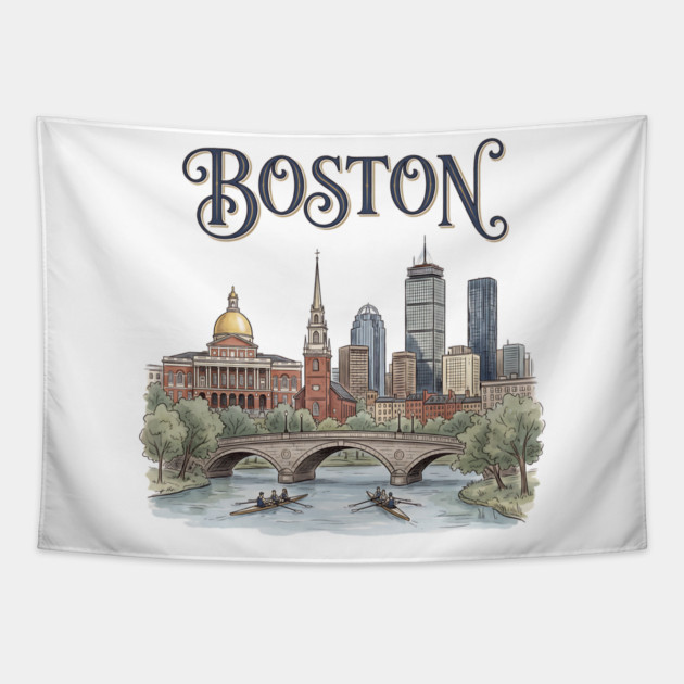 Boston Rowing on the Charles Skyline Tapestry by Designed By Marty