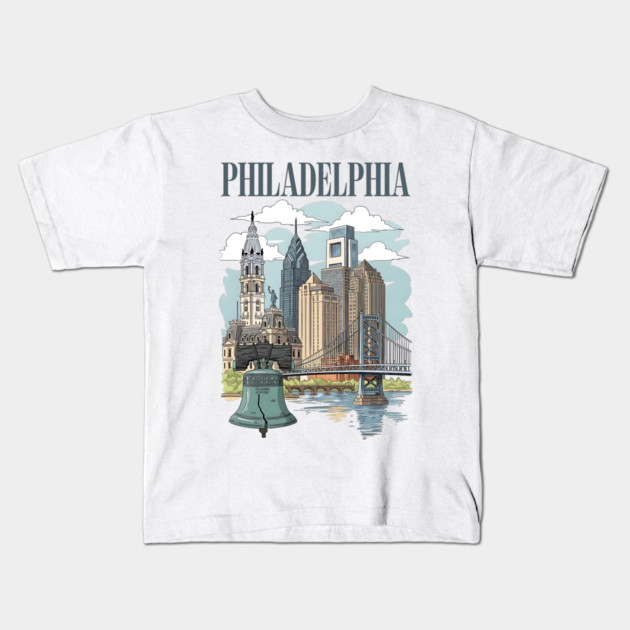 Liberty Bell & Skyline PHILADELPHIA Kids T-Shirt by Designed By Marty