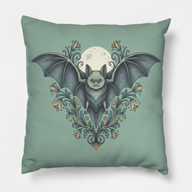 Nocturnal Celestial Bat with Vintage Florals Pillow by BirdsnStuff
