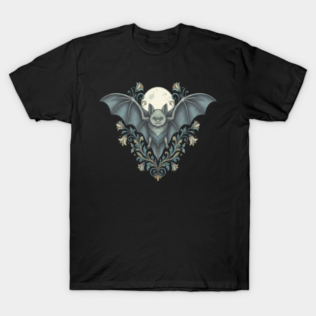 Nocturnal Celestial Bat with Vintage Florals T-Shirt by BirdsnStuff