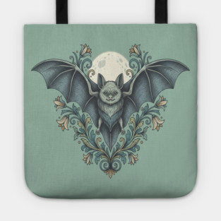 Nocturnal Celestial Bat with Vintage Florals Tote