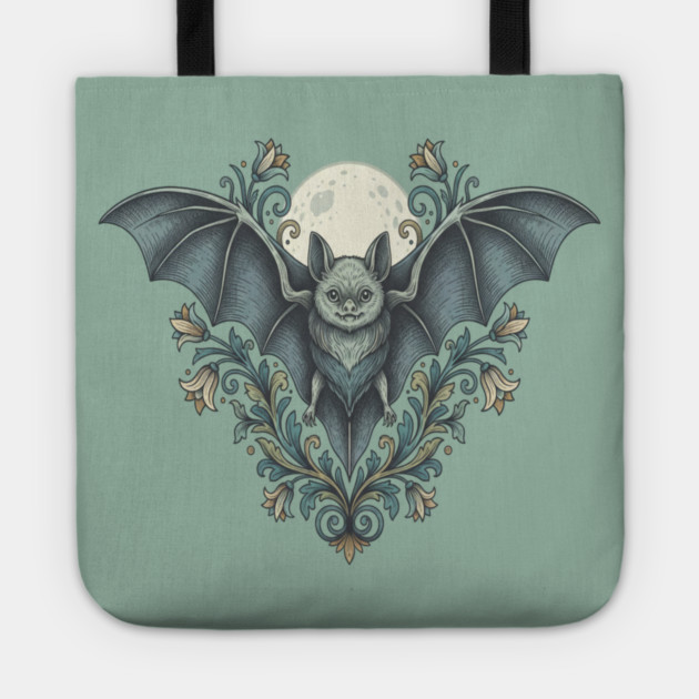 Nocturnal Celestial Bat with Vintage Florals Tote by BirdsnStuff