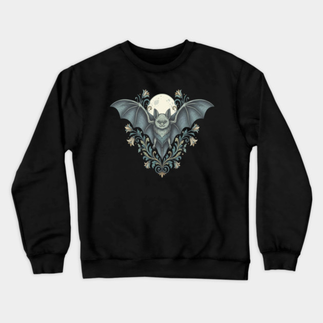 Nocturnal Celestial Bat with Vintage Florals Crewneck Sweatshirt by BirdsnStuff
