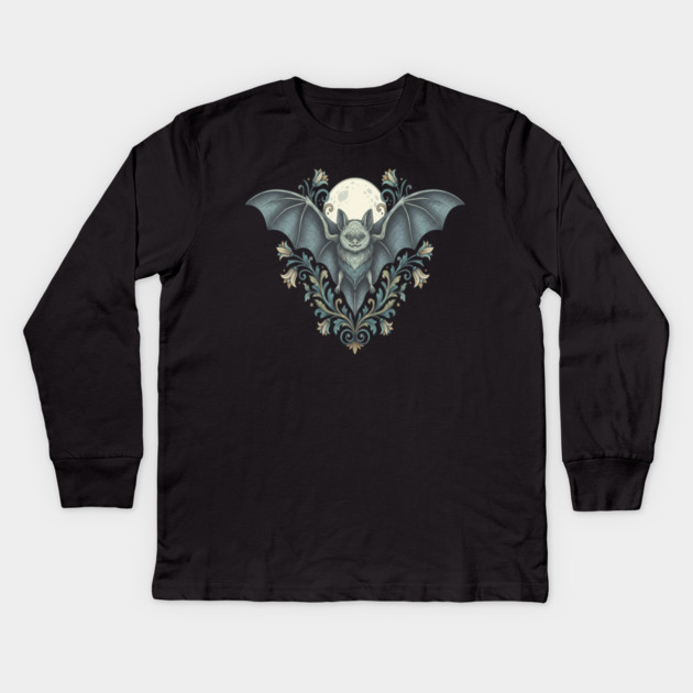 Nocturnal Celestial Bat with Vintage Florals Kids Long Sleeve T-Shirt by BirdsnStuff