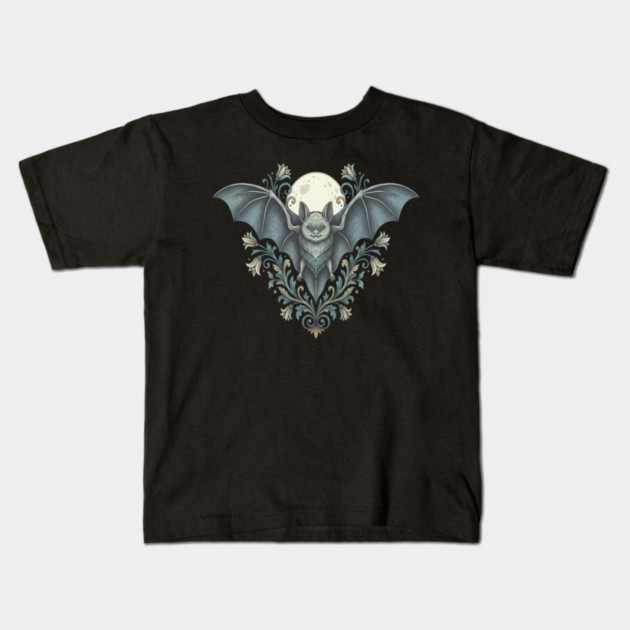 Nocturnal Celestial Bat with Vintage Florals Kids T-Shirt by BirdsnStuff