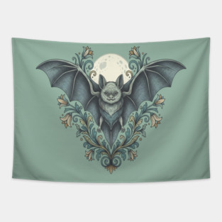 Nocturnal Celestial Bat with Vintage Florals Tapestry