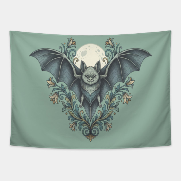 Nocturnal Celestial Bat with Vintage Florals Tapestry by BirdsnStuff