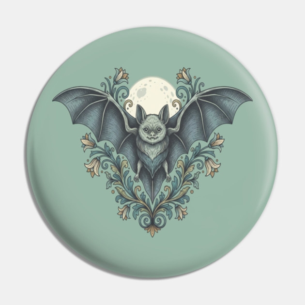 Nocturnal Celestial Bat with Vintage Florals Pin by BirdsnStuff
