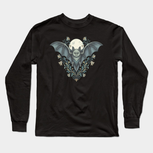 Nocturnal Celestial Bat with Vintage Florals Long Sleeve T-Shirt by BirdsnStuff