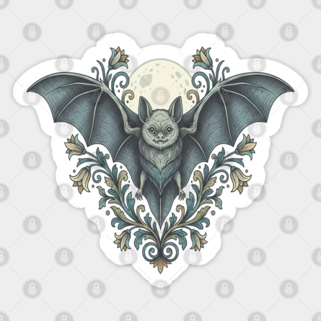 Nocturnal Celestial Bat with Vintage Florals Sticker by BirdsnStuff