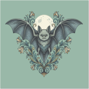 Nocturnal Celestial Bat with Vintage Florals Posters and Art