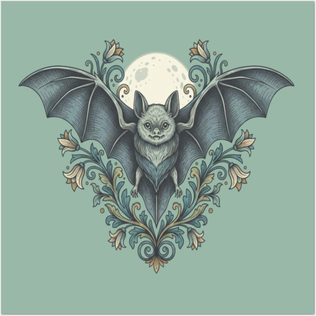 Nocturnal Celestial Bat with Vintage Florals Wall Art by BirdsnStuff