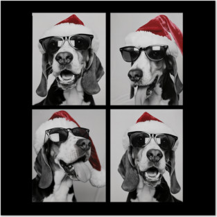Funny Beagles With Sunglasses Santa Hat Cute Christmas Dog Posters and Art