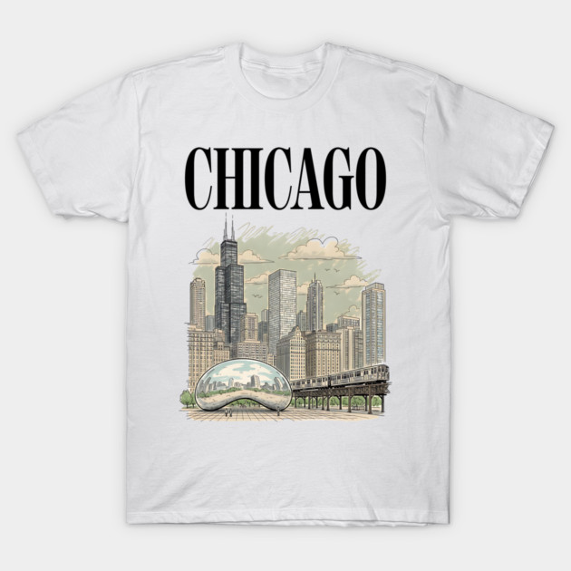 Chicago Bean and El Train Skyline T-Shirt by Designed By Marty