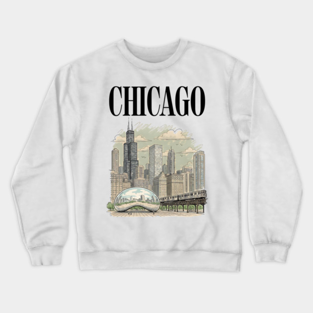 Chicago Bean and El Train Skyline Crewneck Sweatshirt by Designed By Marty