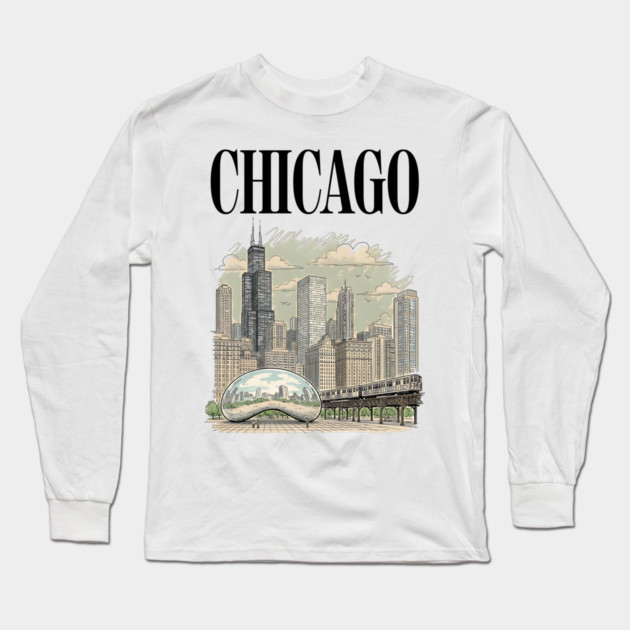 Chicago Bean and El Train Skyline Long Sleeve T-Shirt by Designed By Marty