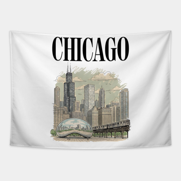 Chicago Bean and El Train Skyline Tapestry by Designed By Marty