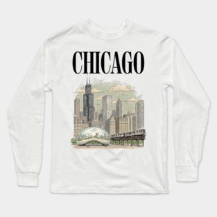 Chicago Bean and El Train Skyline Long Sleeve T-Shirt