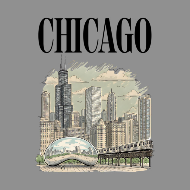 Chicago Bean and El Train Skyline by Designed By Marty