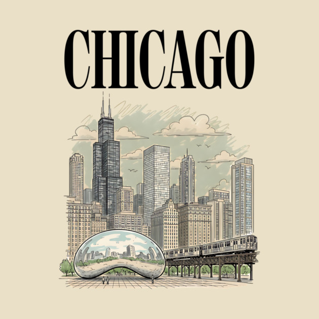 Chicago Bean and El Train Skyline by Designed By Marty