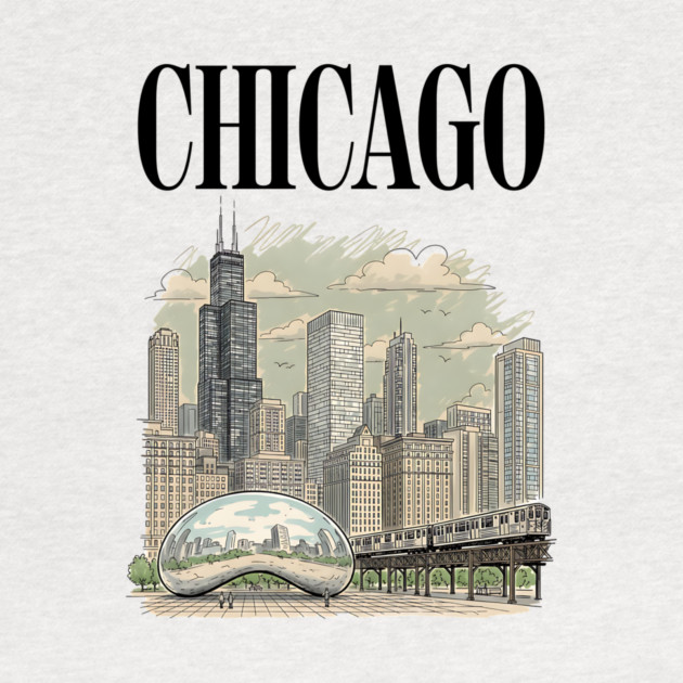 Chicago Bean and El Train Skyline by Designed By Marty