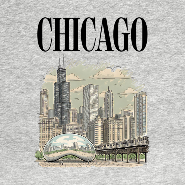 Chicago Bean and El Train Skyline by Designed By Marty