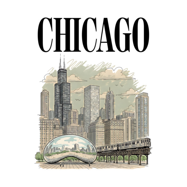 Chicago Bean and El Train Skyline by Designed By Marty